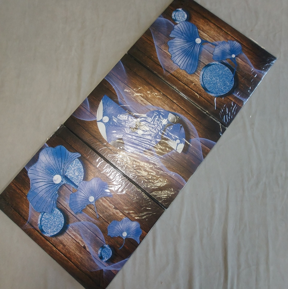 NIP Canvas Print Artwork Set x3, Blue Flowers on Barnboards, 12" x 16"